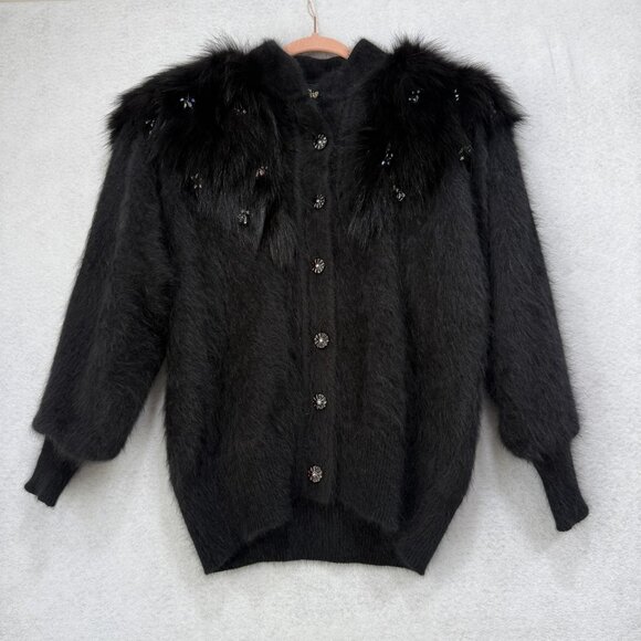 Vintage Christine Phillipe Sweater Womens Medium Angora Faux Fur Beaded 90s - Picture 1 of 11
